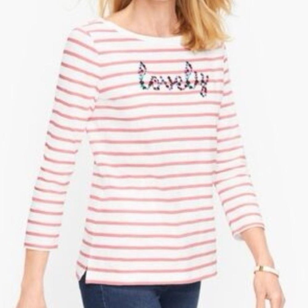 Talbots Women L Pink Striped Cotton Lovely Floral Embroidered 3/4 Sleeve T-Shirt